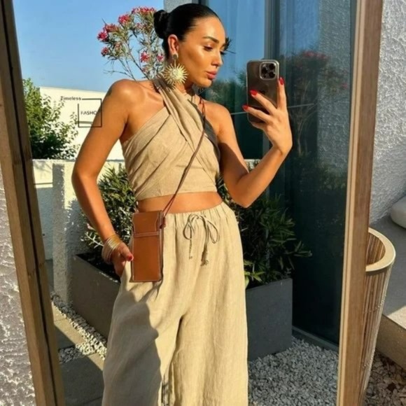 NWT Zara Two Piece Linen Halter Top and Palazzo Wide Leg Pants in sand/neutral